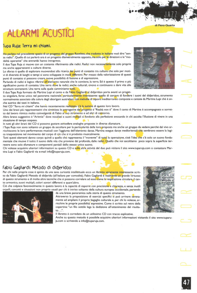 Recensione del CD "Terra Mi Chiami" e del "Metodo di Didjeridu" sulla rivista "Prove Aperte"